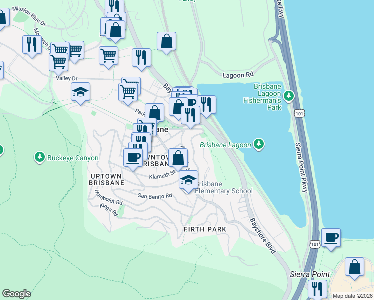 map of restaurants, bars, coffee shops, grocery stores, and more near 129 Alvarado Street in Brisbane