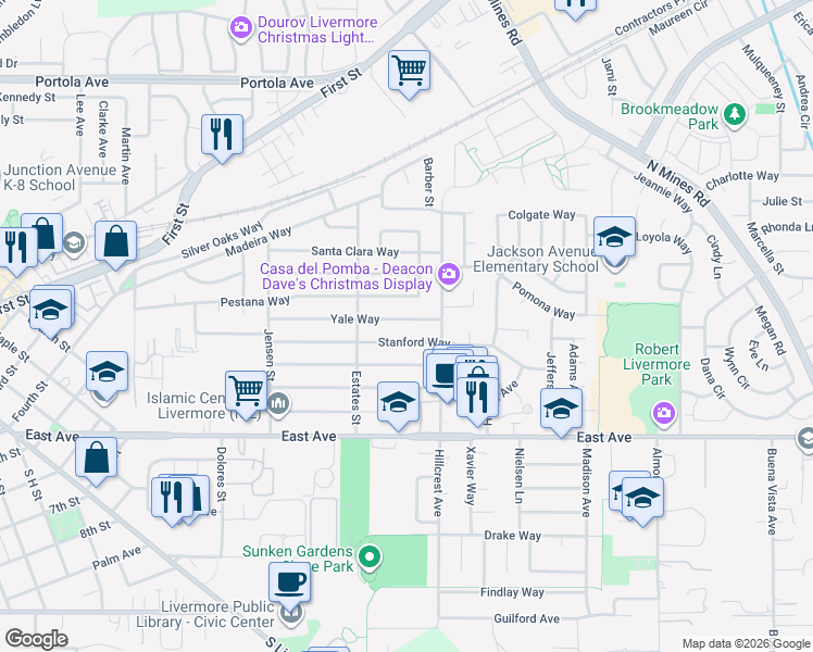map of restaurants, bars, coffee shops, grocery stores, and more near 3963 Yale Way in Livermore
