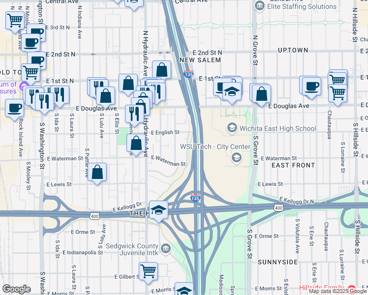 map of restaurants, bars, coffee shops, grocery stores, and more near 239 South Minnesota Street in Wichita