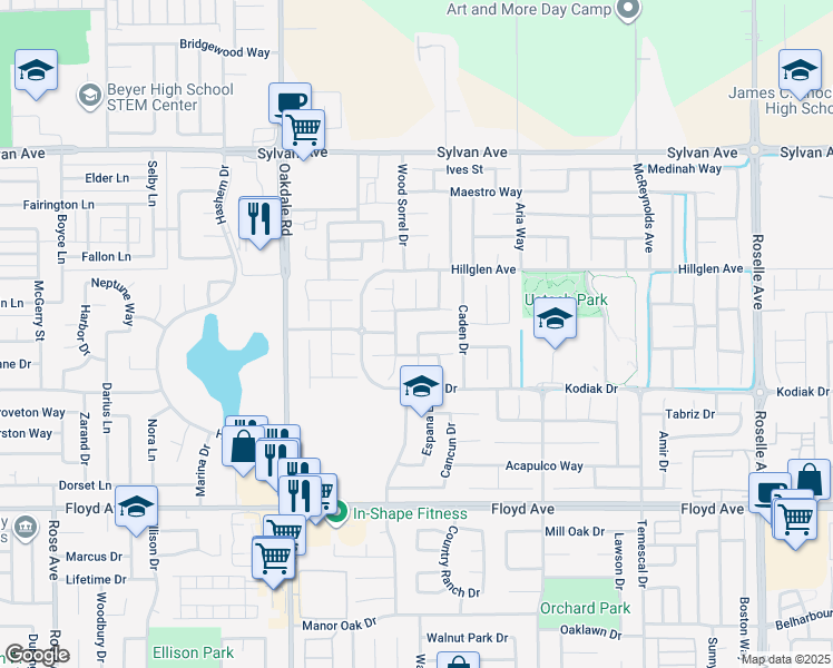 map of restaurants, bars, coffee shops, grocery stores, and more near 2421 Kiska Drive in Modesto