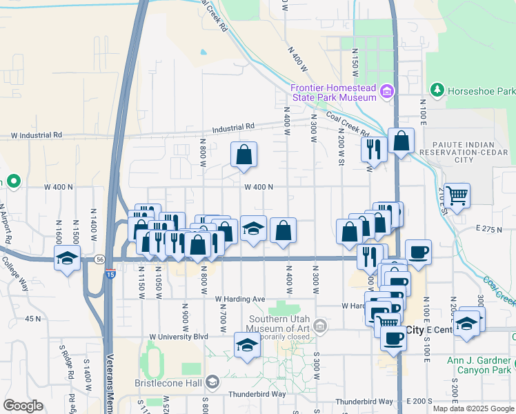 map of restaurants, bars, coffee shops, grocery stores, and more near 320 North 500 West in Cedar City