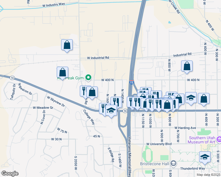 map of restaurants, bars, coffee shops, grocery stores, and more near 325 North 1500 West in Cedar City