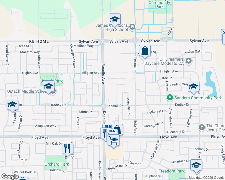 map of restaurants, bars, coffee shops, grocery stores, and more near 3113 Rochdale Drive in Modesto