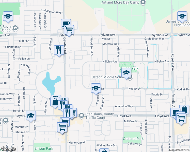 map of restaurants, bars, coffee shops, grocery stores, and more near 2421 Kiska Drive in Modesto