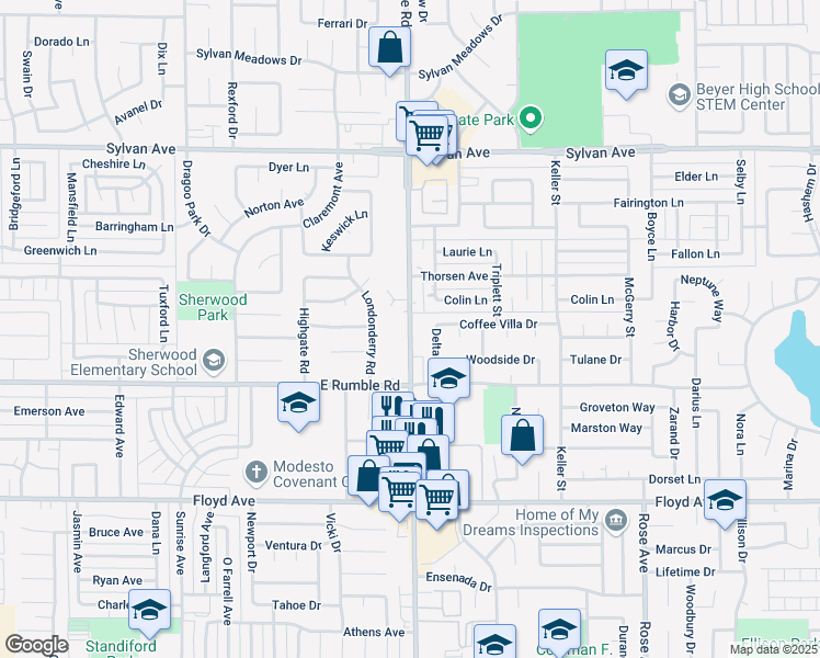 map of restaurants, bars, coffee shops, grocery stores, and more near 3109 Coffee Road in Modesto