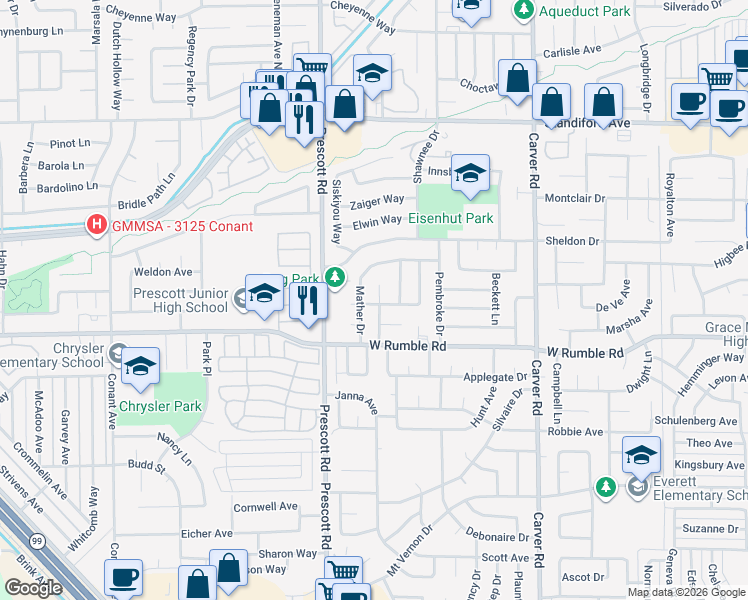 map of restaurants, bars, coffee shops, grocery stores, and more near 2028 Winton Avenue in Modesto