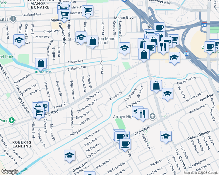 map of restaurants, bars, coffee shops, grocery stores, and more near 15447 Maureen Street in San Leandro