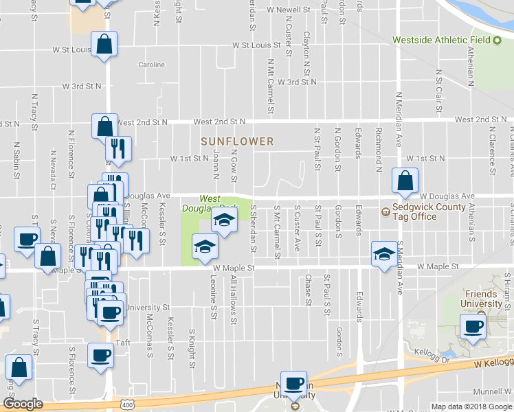 map of restaurants, bars, coffee shops, grocery stores, and more near 124 South Sheridan Street in Wichita
