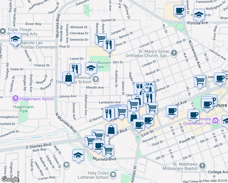 map of restaurants, bars, coffee shops, grocery stores, and more near 341 Andrews Street in Livermore