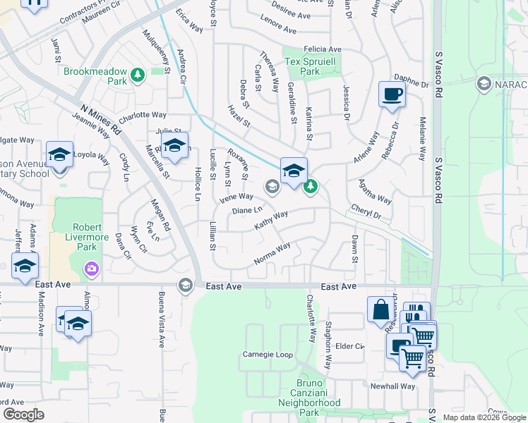 map of restaurants, bars, coffee shops, grocery stores, and more near 5287 Diane Lane in Livermore