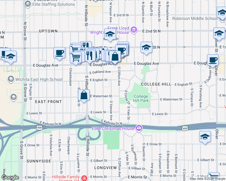 map of restaurants, bars, coffee shops, grocery stores, and more near 253-299 S Clifton Ave in Wichita