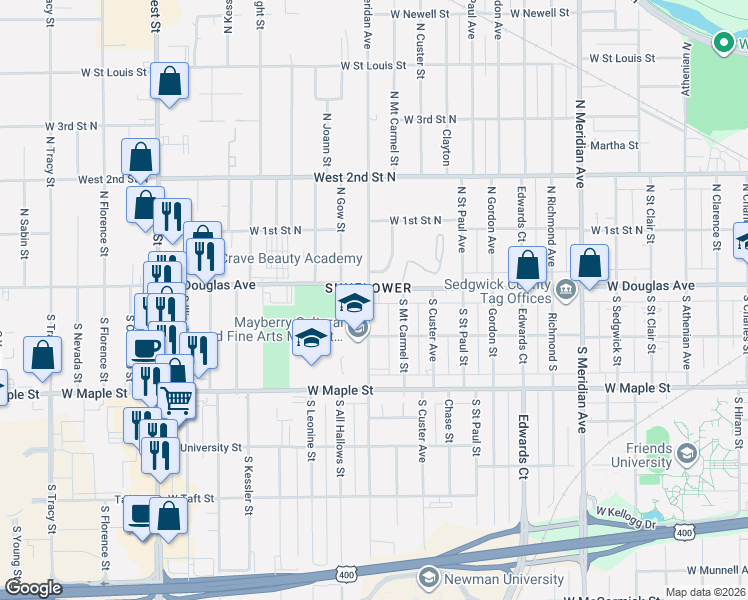 map of restaurants, bars, coffee shops, grocery stores, and more near 124 South Sheridan Street in Wichita