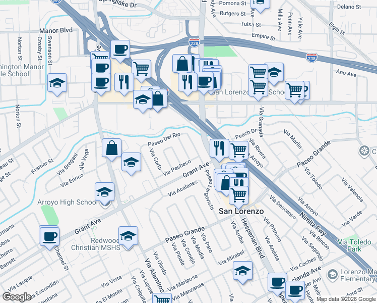 map of restaurants, bars, coffee shops, grocery stores, and more near 15756 Vía Lunado in San Lorenzo