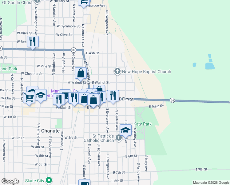 map of restaurants, bars, coffee shops, grocery stores, and more near 101-199 North Central Avenue in Chanute
