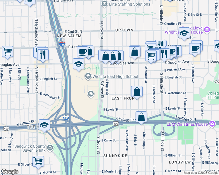 map of restaurants, bars, coffee shops, grocery stores, and more near 234 South Poplar Street in Wichita