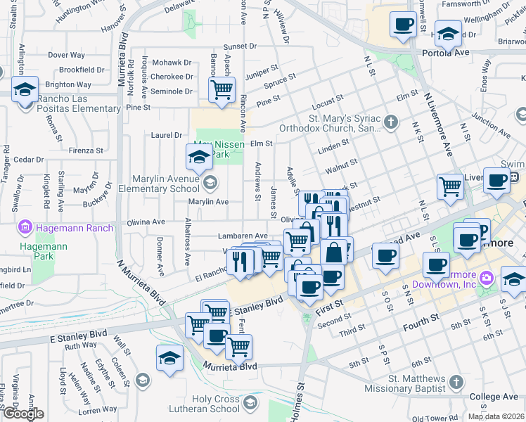 map of restaurants, bars, coffee shops, grocery stores, and more near 340 Andrews Street in Livermore