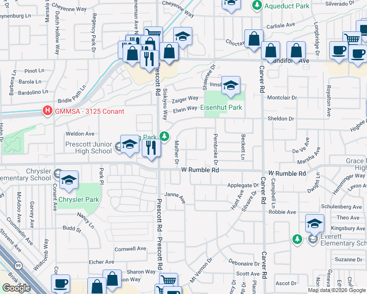 map of restaurants, bars, coffee shops, grocery stores, and more near 2028 Winton Avenue in Modesto