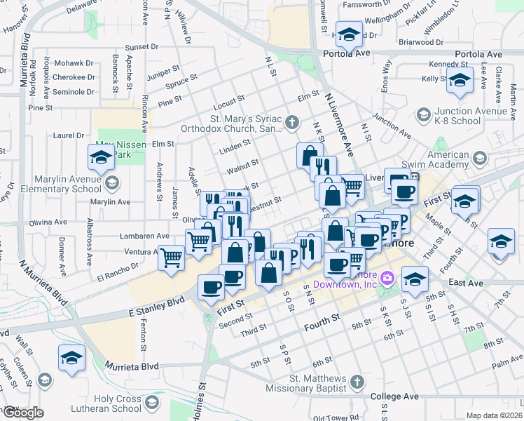 map of restaurants, bars, coffee shops, grocery stores, and more near 1718 Pedrozzi Common in Livermore