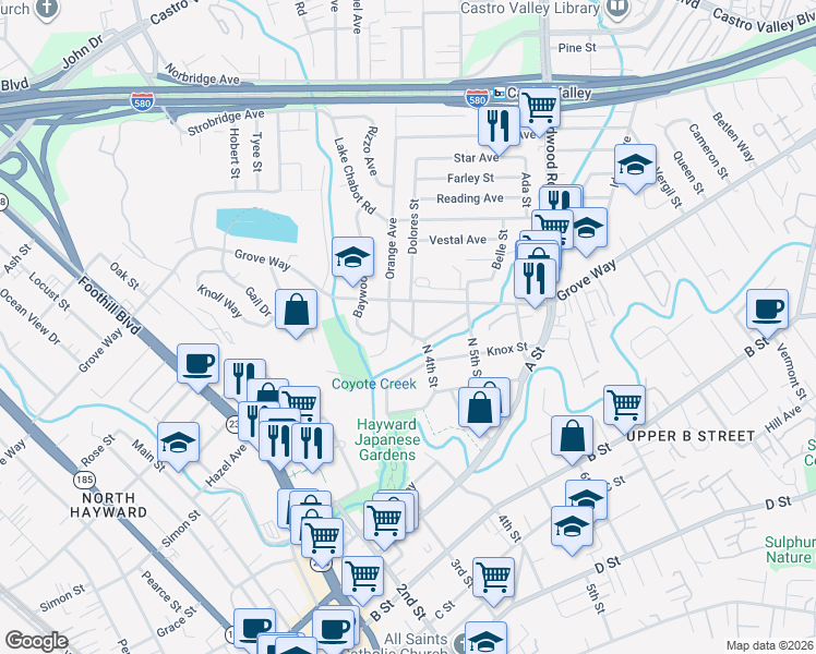 map of restaurants, bars, coffee shops, grocery stores, and more near 22134 Orange Avenue in Castro Valley