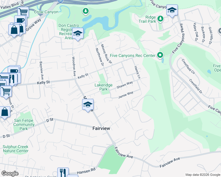 map of restaurants, bars, coffee shops, grocery stores, and more near 23380 Lakeridge Avenue in Hayward