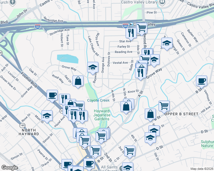 map of restaurants, bars, coffee shops, grocery stores, and more near 22134 Orange Avenue in Castro Valley
