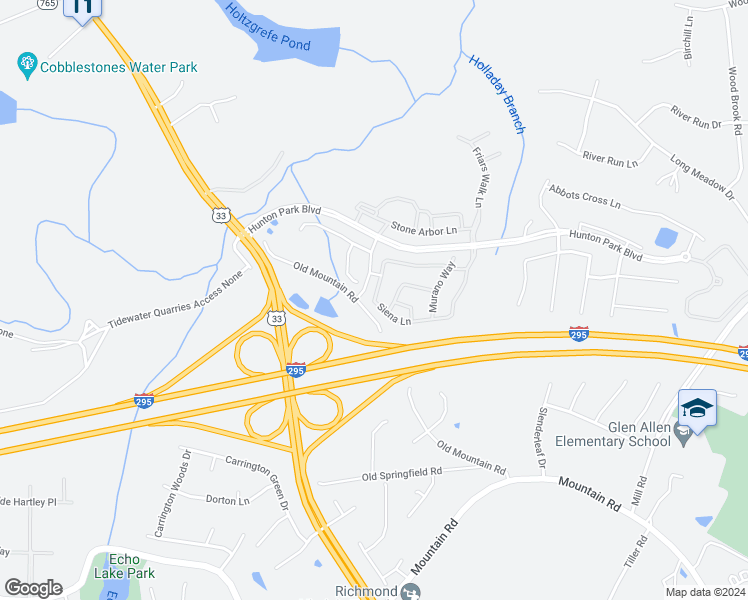 map of restaurants, bars, coffee shops, grocery stores, and more near 412 Siena Lane in Glen Allen