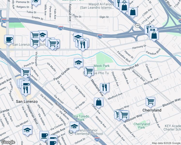map of restaurants, bars, coffee shops, grocery stores, and more near 17542 Meekland Avenue in Hayward