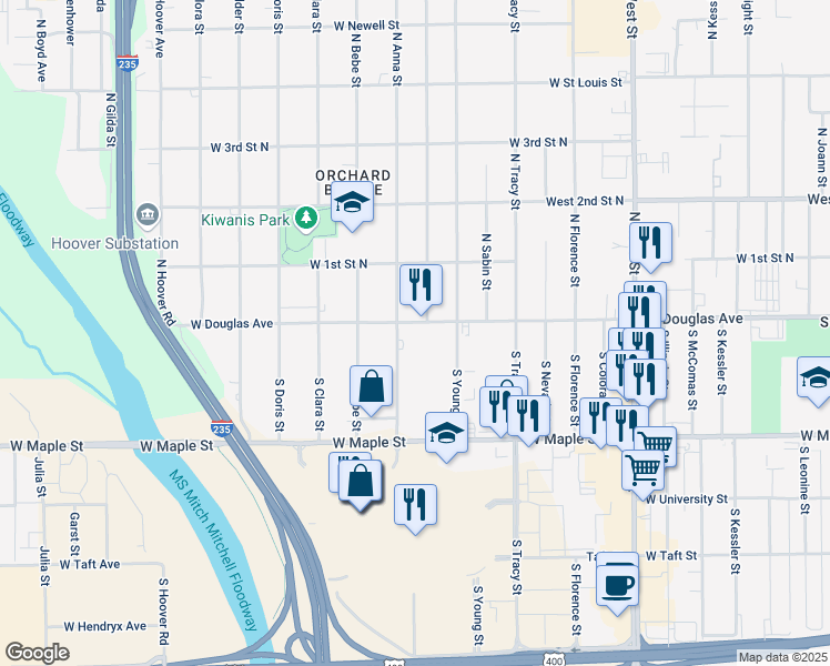 map of restaurants, bars, coffee shops, grocery stores, and more near 4717 West Douglas Avenue in Wichita