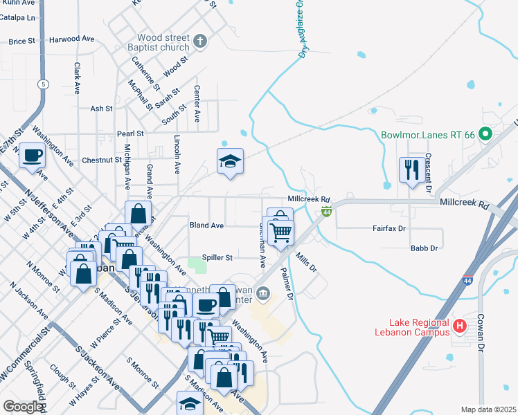 map of restaurants, bars, coffee shops, grocery stores, and more near 6 Cambridge Court in Lebanon