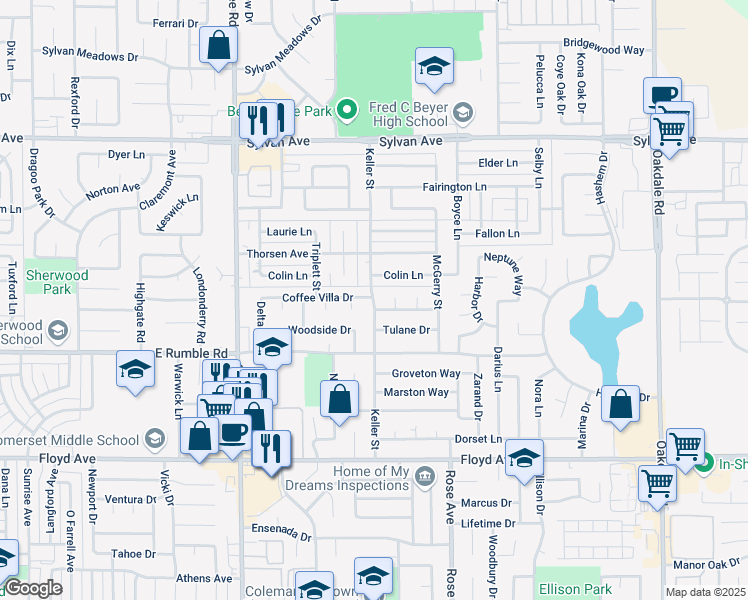 map of restaurants, bars, coffee shops, grocery stores, and more near 3105 Keller Street in Modesto