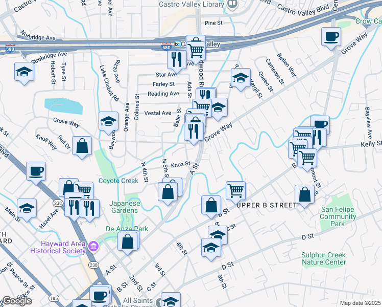 map of restaurants, bars, coffee shops, grocery stores, and more near 22252 North 6th Street in Castro Valley
