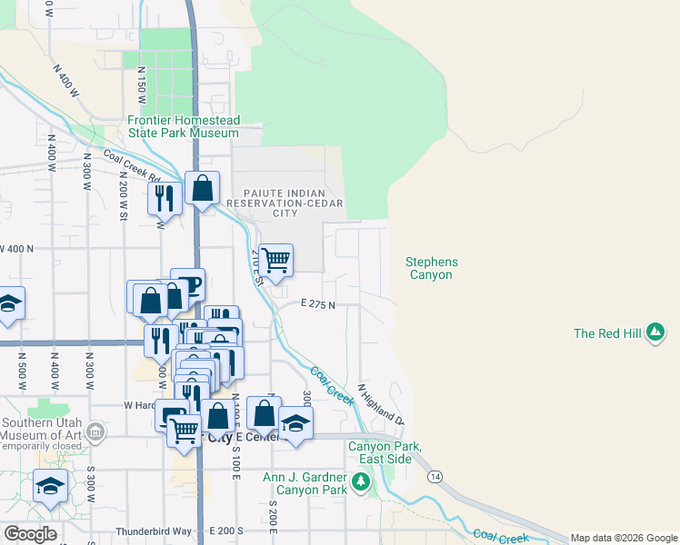 map of restaurants, bars, coffee shops, grocery stores, and more near 330 North Bulloch Place in Cedar City