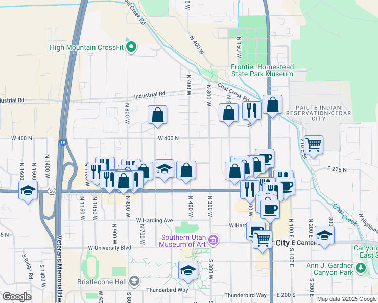 map of restaurants, bars, coffee shops, grocery stores, and more near 314 North 400 West in Cedar City
