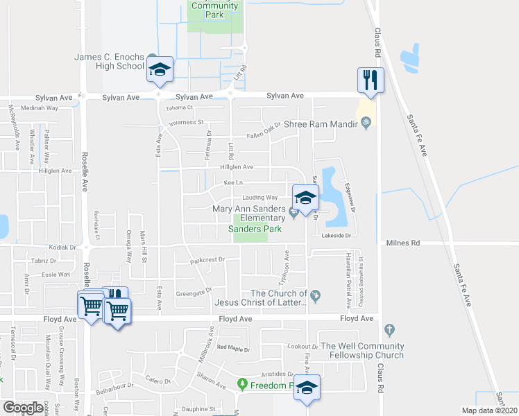map of restaurants, bars, coffee shops, grocery stores, and more near Kodiak Drive in Modesto