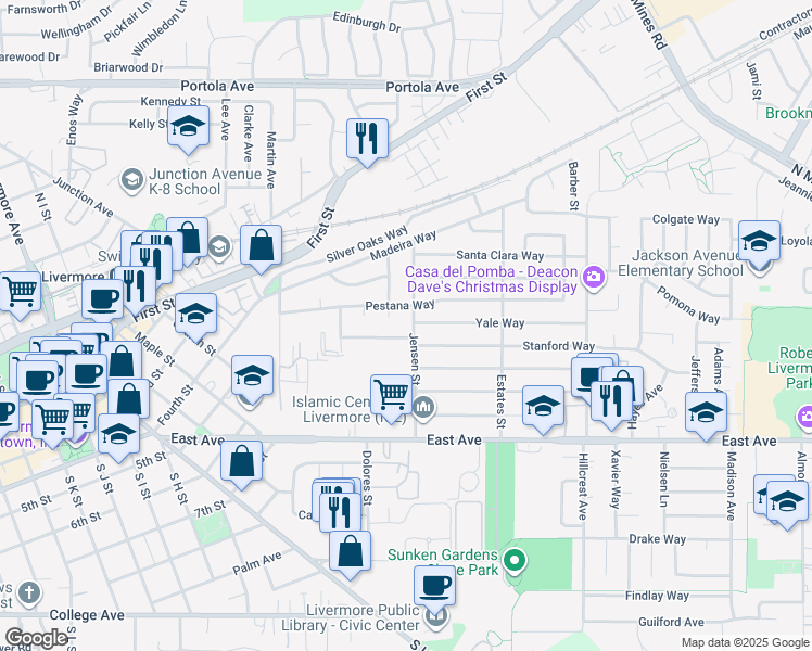 map of restaurants, bars, coffee shops, grocery stores, and more near 488 Jensen Street in Livermore