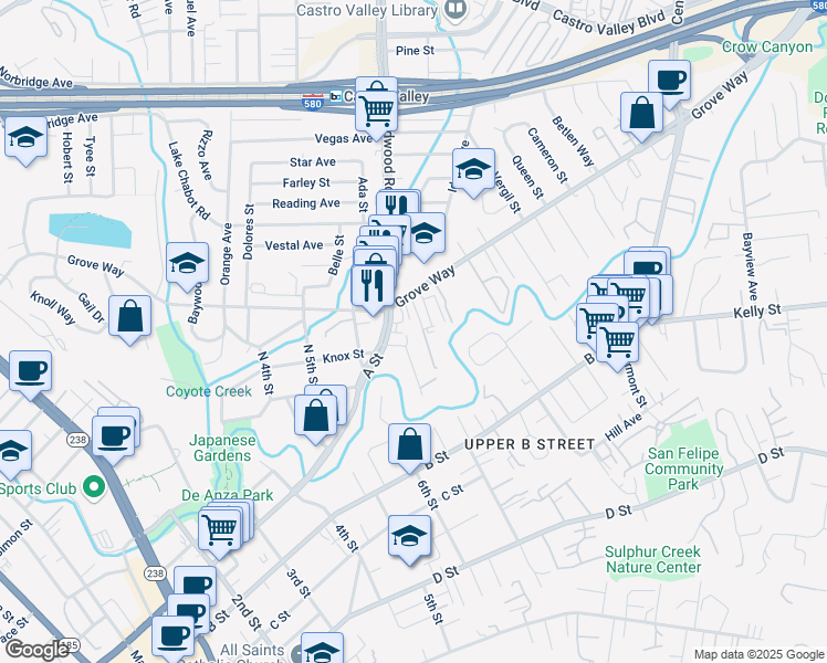 map of restaurants, bars, coffee shops, grocery stores, and more near 22417 Charlene Way in Castro Valley