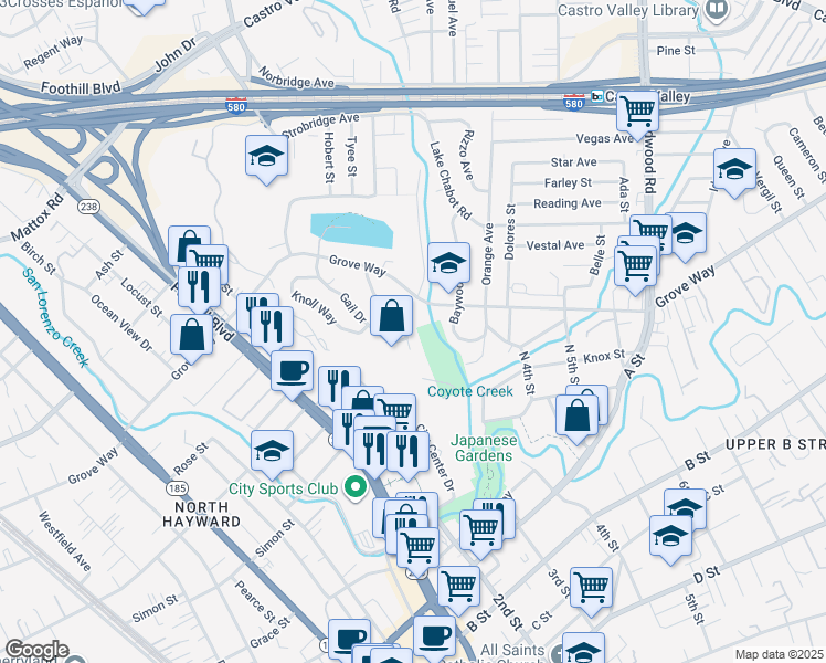 map of restaurants, bars, coffee shops, grocery stores, and more near 21735 Gail Drive in Castro Valley