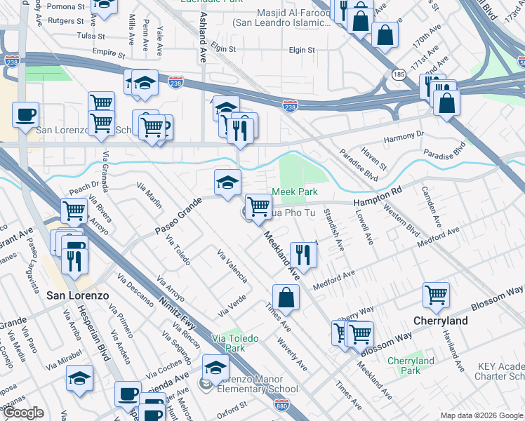 map of restaurants, bars, coffee shops, grocery stores, and more near 17542 Meekland Avenue in Hayward