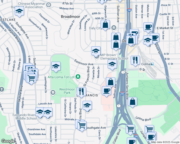 map of restaurants, bars, coffee shops, grocery stores, and more near 156 Saint Francis Boulevard in Daly City