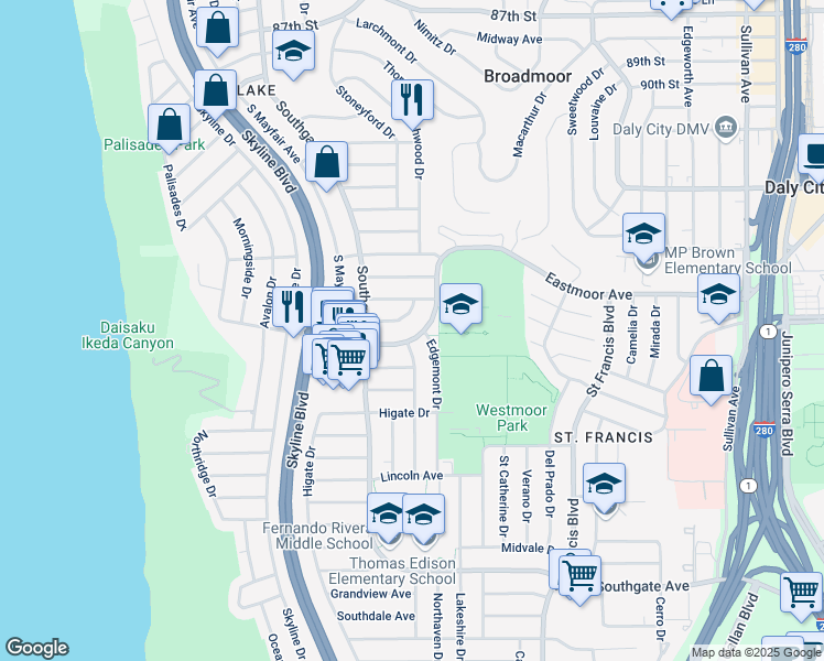 map of restaurants, bars, coffee shops, grocery stores, and more near 155 Westmoor Avenue in Daly City