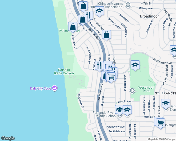 map of restaurants, bars, coffee shops, grocery stores, and more near 212 Avalon Drive in Daly City