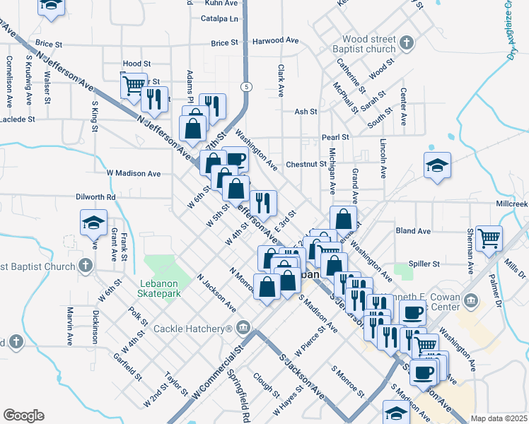 map of restaurants, bars, coffee shops, grocery stores, and more near 364 North Jefferson Avenue in Lebanon