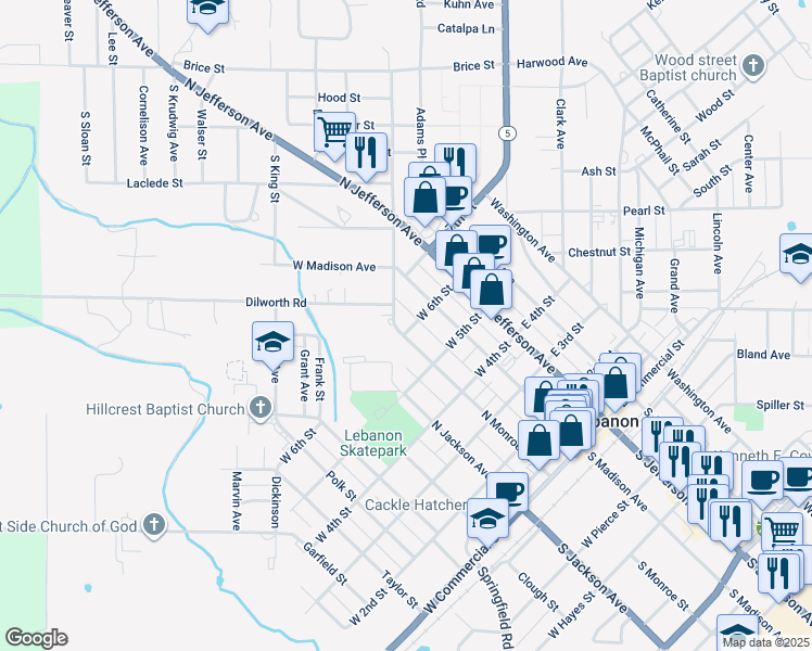 map of restaurants, bars, coffee shops, grocery stores, and more near 590 North Monroe Street in Lebanon