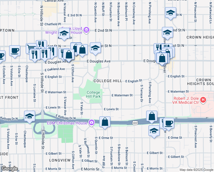 map of restaurants, bars, coffee shops, grocery stores, and more near 234 South Fountain Street in Wichita