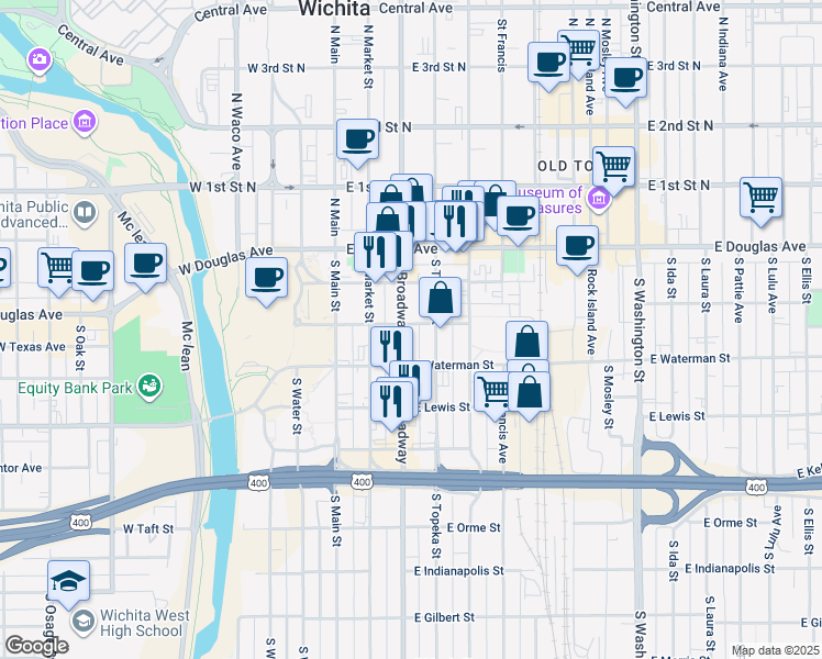 map of restaurants, bars, coffee shops, grocery stores, and more near 320 S Broadway St in Wichita