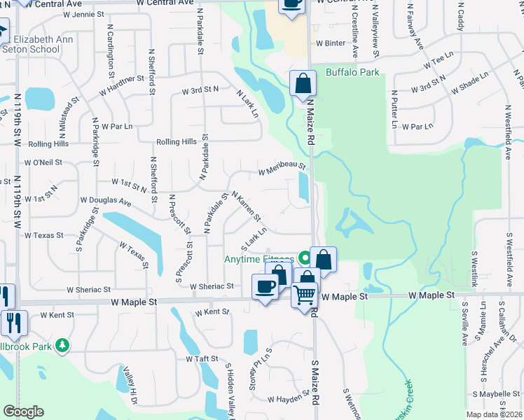 map of restaurants, bars, coffee shops, grocery stores, and more near 118 Karren Court in Wichita