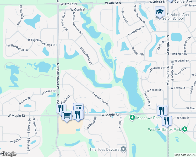 map of restaurants, bars, coffee shops, grocery stores, and more near 113 N Rainbow Lake Terrace in Wichita
