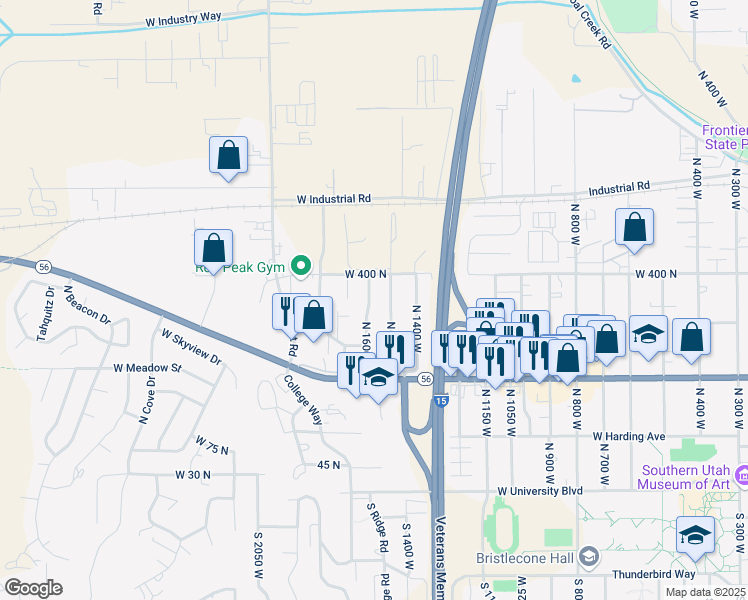 map of restaurants, bars, coffee shops, grocery stores, and more near 344 North 1600 West in Cedar City