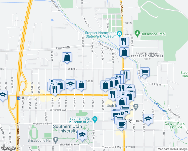 map of restaurants, bars, coffee shops, grocery stores, and more near 354 North 300 West in Cedar City