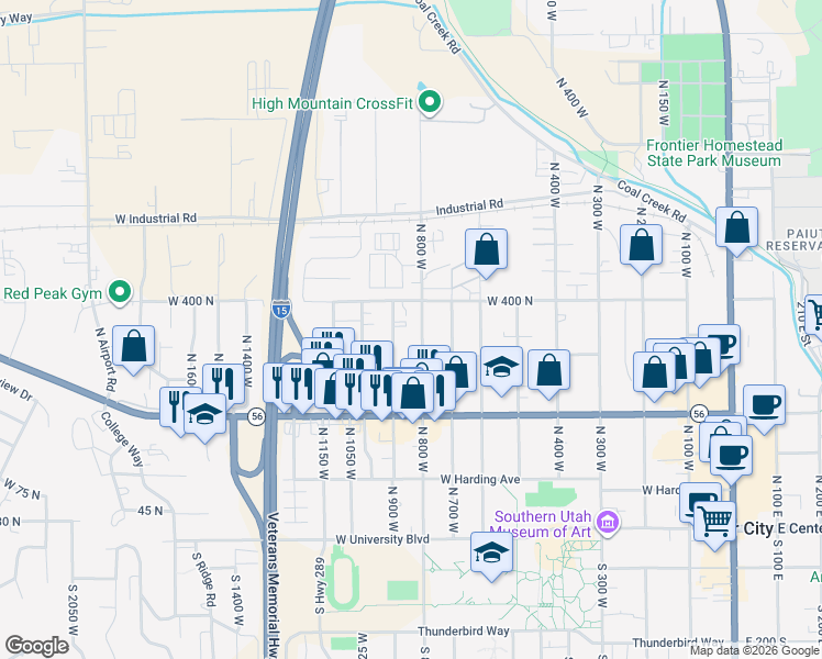 map of restaurants, bars, coffee shops, grocery stores, and more near 330 North 900 West in Cedar City